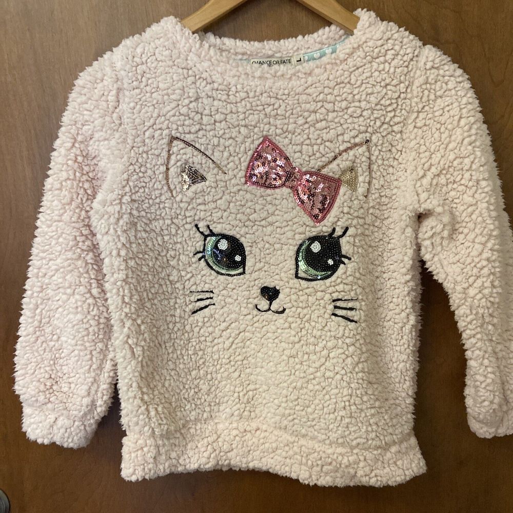 Adorable PINK CAT FACE Fleece Pullover Top Girls Large Chance or‎ Fate EUC